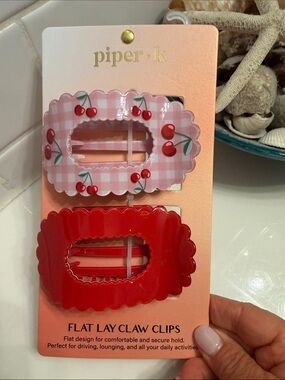 Piper Kids Pink Gingham Cherry & Bright Red Scalloped Claw Clips